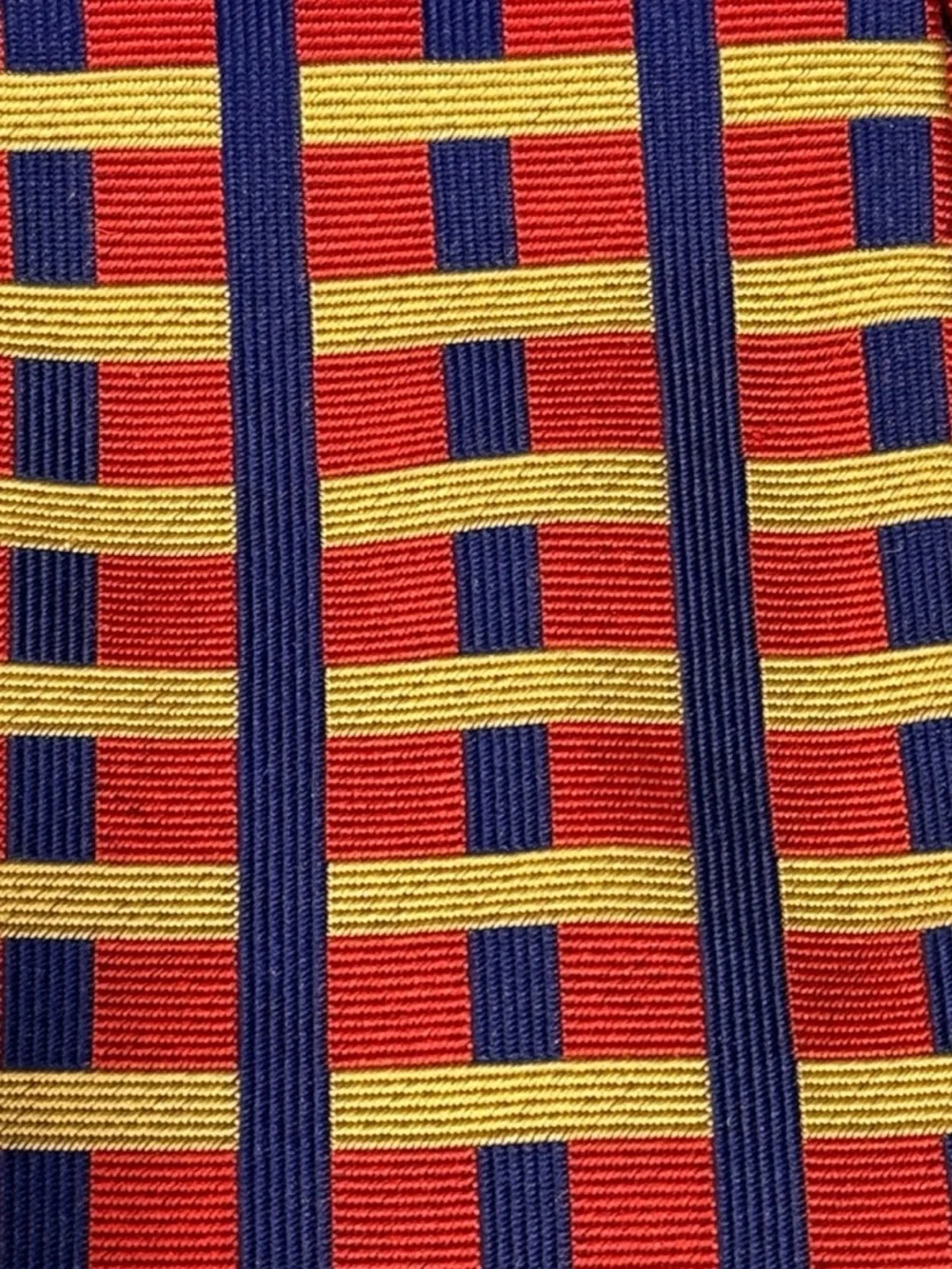 Bullock & Jones Silk Necktie Made England Red Gold Navy Geometric Grid
